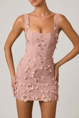 Embellished Appliqué Corset Mini Dress in Dusty Rose