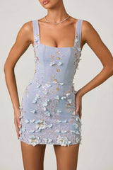 Embellished Appliqué Corset Mini Dress in Sky Blue
