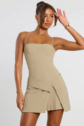 Woven Twill Wrap Over Pleated Mini Dress in Taupe