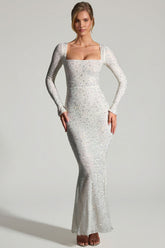 Embellished Long-Sleeve Fishtail Maxi Dress in White