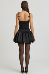 Bow-Detail Ruched Bubble Hem Mini Dress in Black