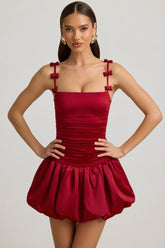 Bow-Detail Ruched Bubble Hem Mini Dress in True Red