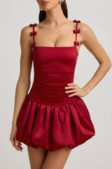 Bow-Detail Ruched Bubble Hem Mini Dress in True Red