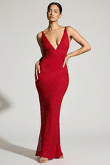 Embellished Plunge Neck Evening Gown in Red