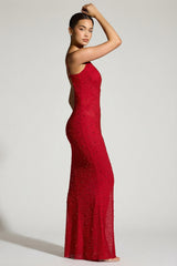 Embellished Plunge Neck Evening Gown in Red
