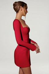 Sweetheart-Neck Long-Sleeve A-Line Mini Dress in Red