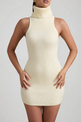 Ribbed-Knit Turtleneck Mini Dress in Butter Yellow