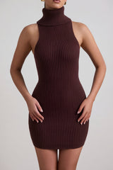 Ribbed-Knit Turtleneck Mini Dress in Espresso