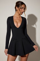 Bow-Detail Plunge-Neck A-Line Mini Dress in Black