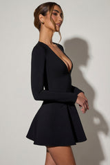 Bow-Detail Plunge-Neck A-Line Mini Dress in Black