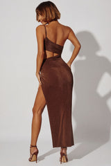 One Shoulder Cut Out Maxi Dress in Brown