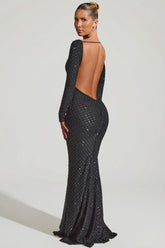 Embellished Open-Back Gown in Black