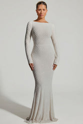 Embellished Open-Back Gown in White