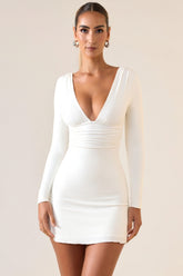 Modal Ruched Plunge A-Line Mini Dress in White