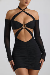 Off-Shoulder Ruched Cut-Out Mini Dress in Black