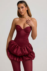 Satin Bubble Hem Corset Mini Dress in Wine Red