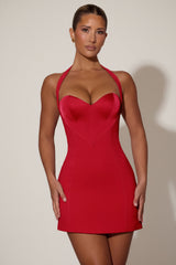Heart-Detail Halterneck A-Line Mini Dress in Red