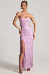 Embellished Cut-Out Fishtail Maxi Dress in Peony Pink