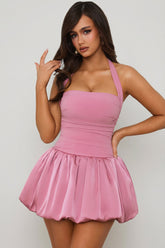 Halterneck Lace-Up Bubble Hem Corset Micro Mini Dress in Mauve