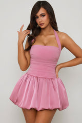Halterneck Lace-Up Bubble Hem Corset Micro Mini Dress in Mauve
