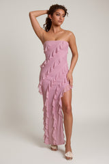 Bandeau Ruffle Detail Maxi Dress in Dusty Pink