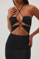 Cut Out Halter Neck Floor Length Maxi Dress in Black