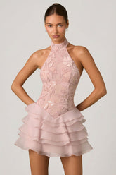 Embellished Ruffled Halterneck Mini Dress in Dusty Rose