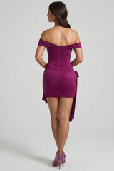 Floral-Detail Off-Shoulder Ruched Bodycon Mini Dress in Plum