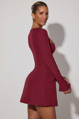 Square-Neck Structured Tulip Mini Dress in Wine Red