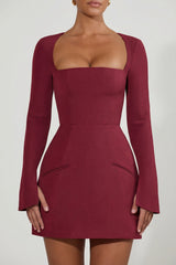 Square-Neck Structured Tulip Mini Dress in Wine Red