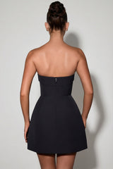 Foldover-Neck Strapless Structured A-Line Mini Dress in Black