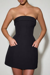 Foldover-Neck Strapless Structured A-Line Mini Dress in Black