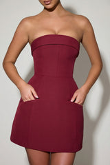 Foldover-Neck Strapless Structured A-Line Mini Dress in Wine Red