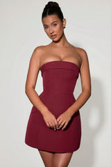 Foldover-Neck Strapless Structured A-Line Mini Dress in Wine Red