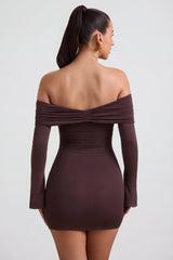 Modal-Cashmere Blend Off-Shoulder Ruched Mini Dress in Espresso