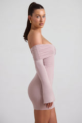 Modal-Cashmere Blend Off-Shoulder Ruched Mini Dress in Taupe