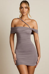 Off-Shoulder Draped Mini Dress in Steel Grey