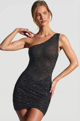 Embellished One-Shoulder Mini Dress in Black