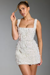 Floral-Appliqué Square-Neck Corset Mini Dress in White