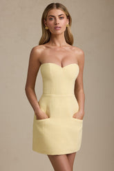 Sweetheart-Neck Strapless Structured Mini Dress in Pastel Yellow