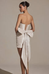 Satin Bow-Detail Strapless Mini Dress in Ivory
