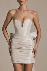 Satin Bow-Detail Strapless Mini Dress in Ivory