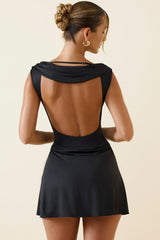 Draped Open-Back A-Line Mini Dress in Black