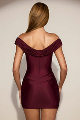 Satin Off-Shoulder Draped Mini Dress in Wine Red