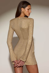 Embellished Asymmetric Bodycon Mini Dress in Gold