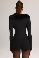 Faux Fur-Trim Corset Playsuit in Black