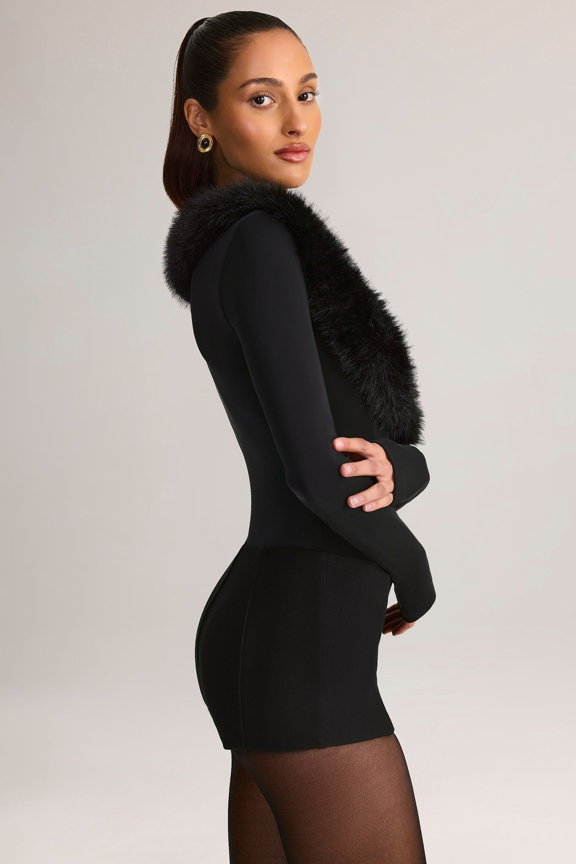 Faux Fur-Trim Corset Playsuit in Black