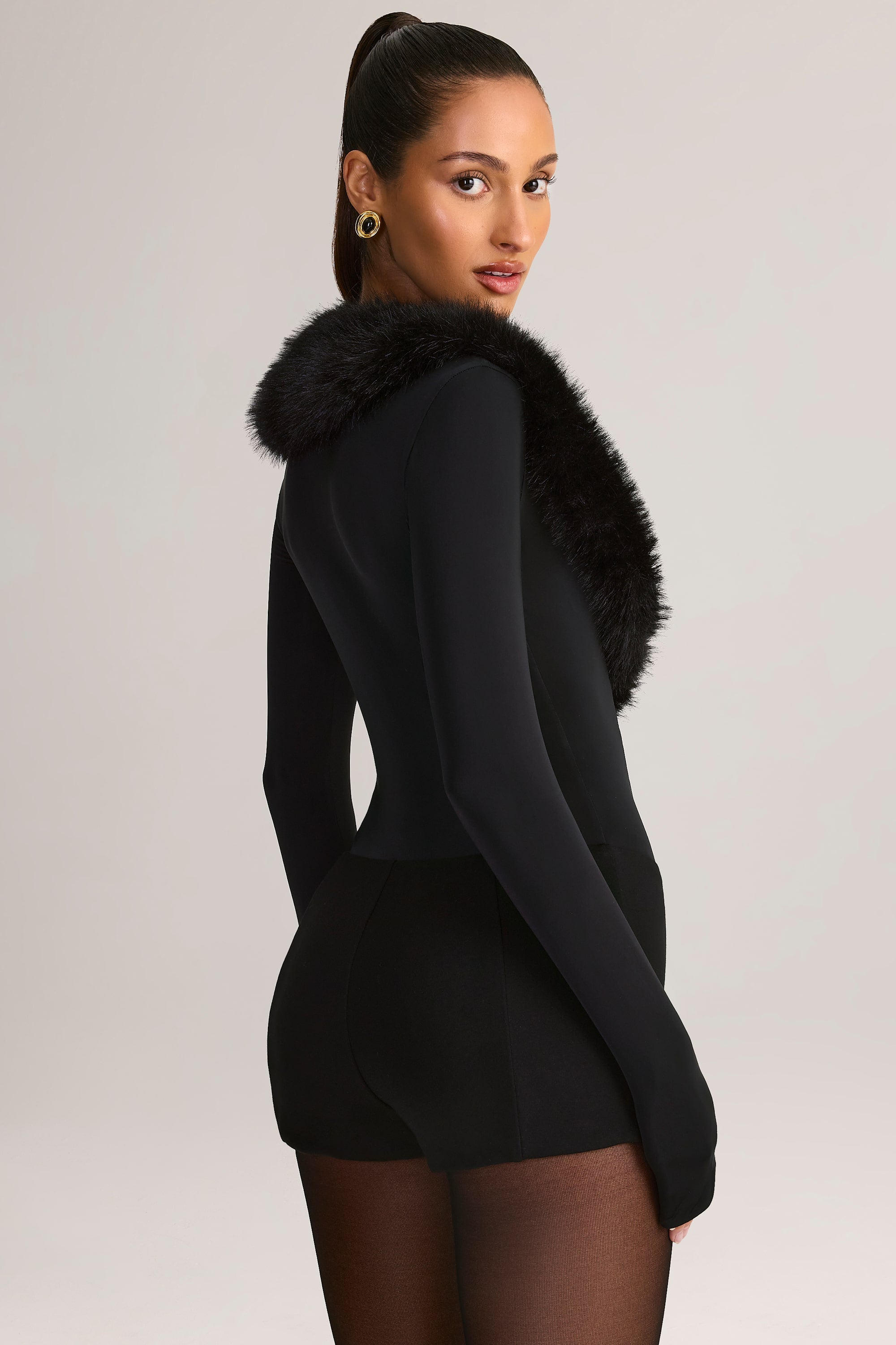 Faux Fur-Trim Corset Playsuit in Black