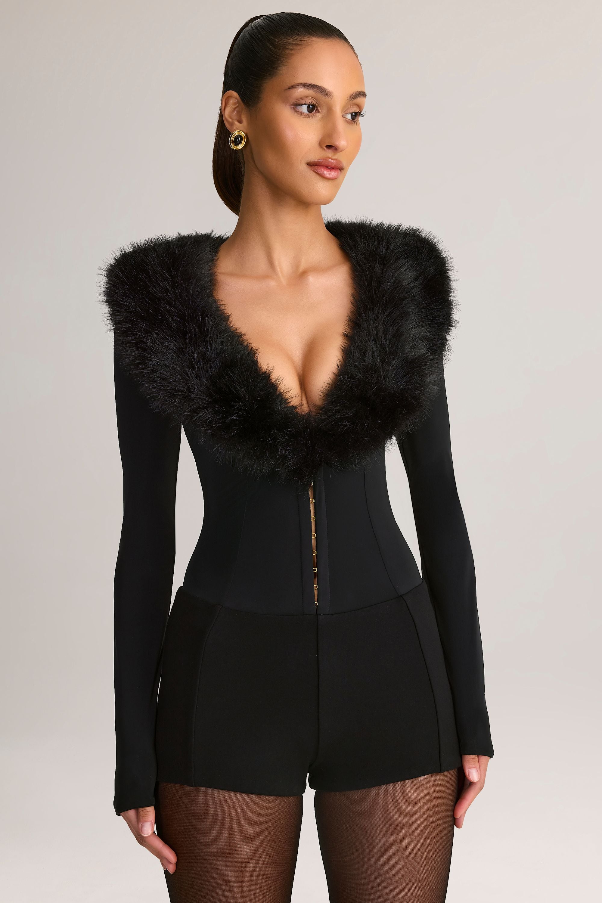 Faux Fur-Trim Corset Playsuit in Black