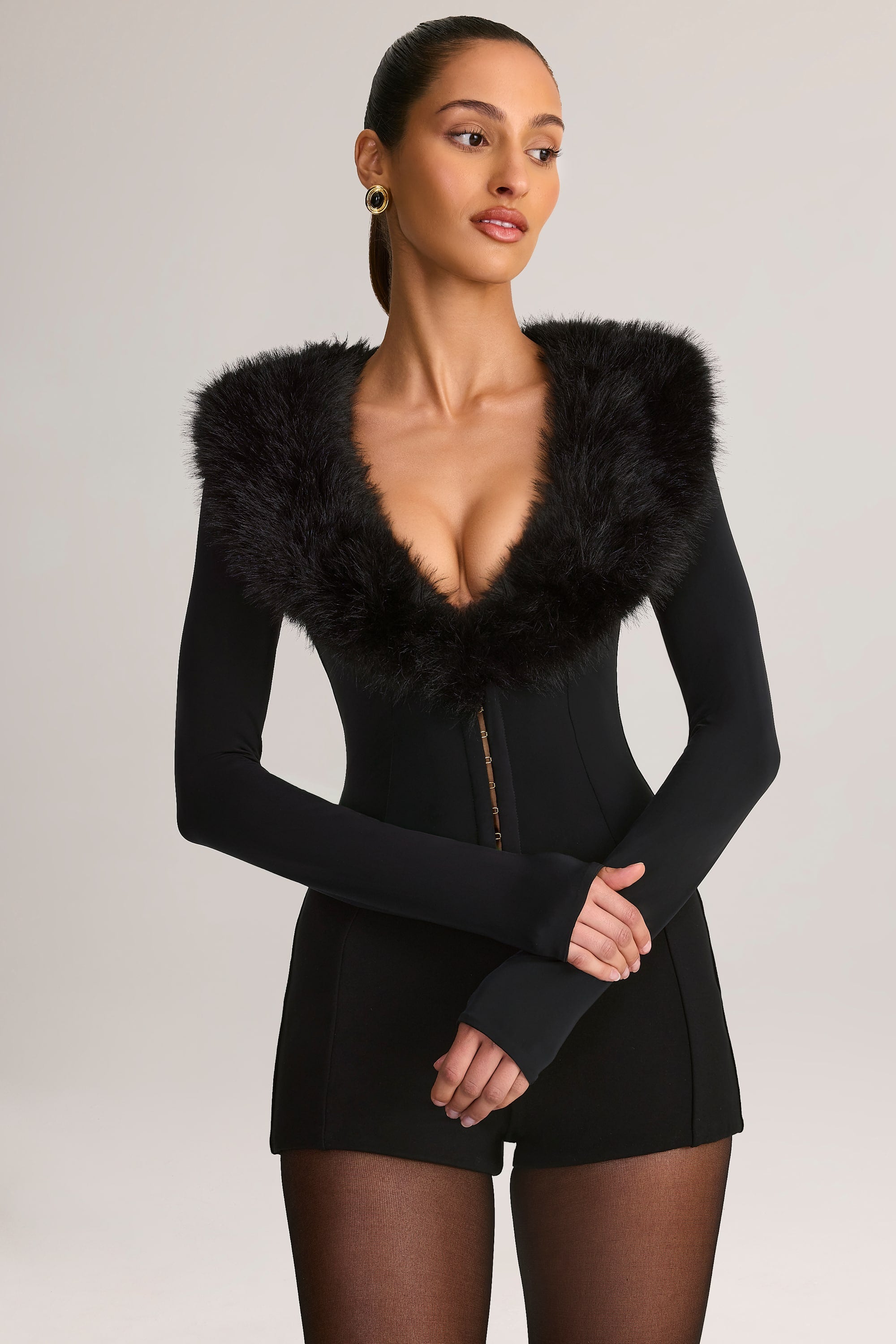 Faux Fur-Trim Corset Playsuit in Black
